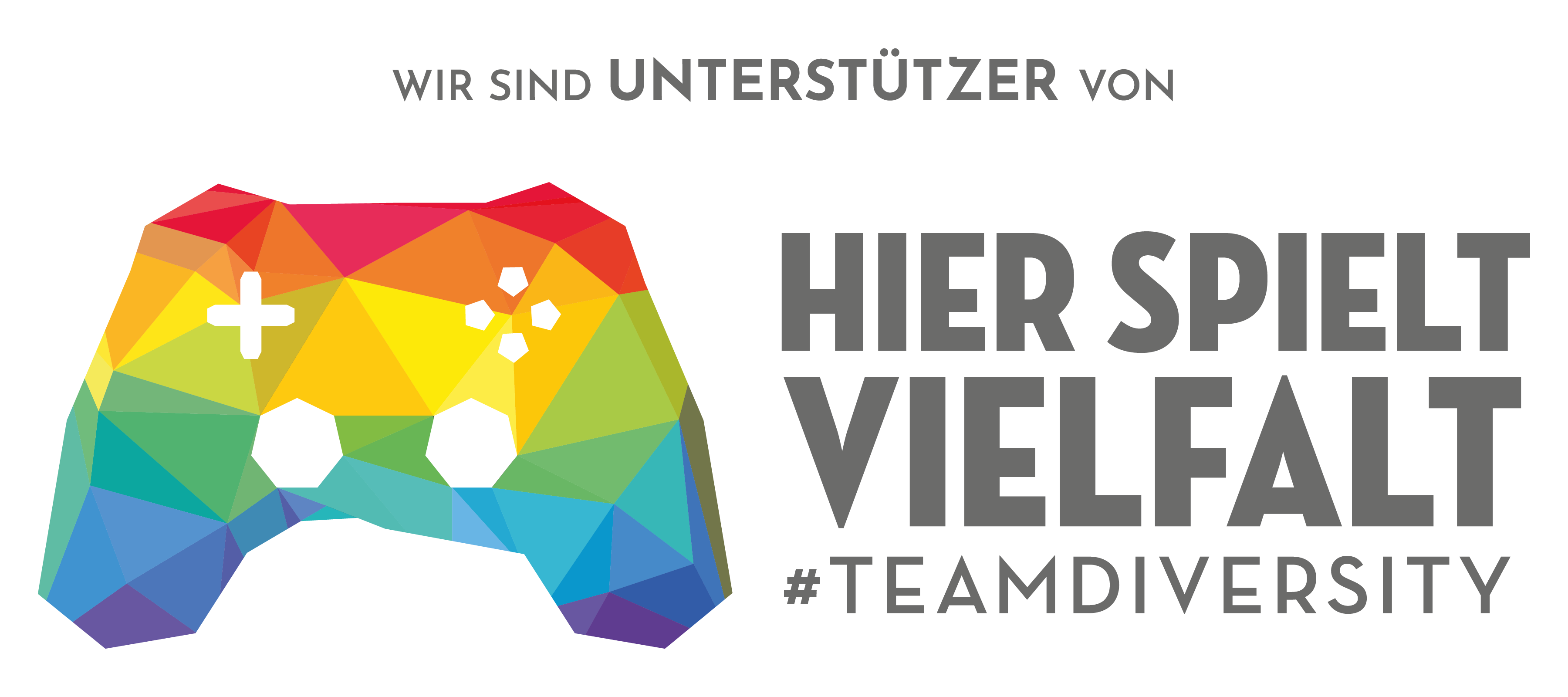 Ein stilisierter, regenbogen-bunter Game Controller mit dem Text 'Wir sind Unterstützer von HIER SPIELT VIELFALT #Teamdiversity'