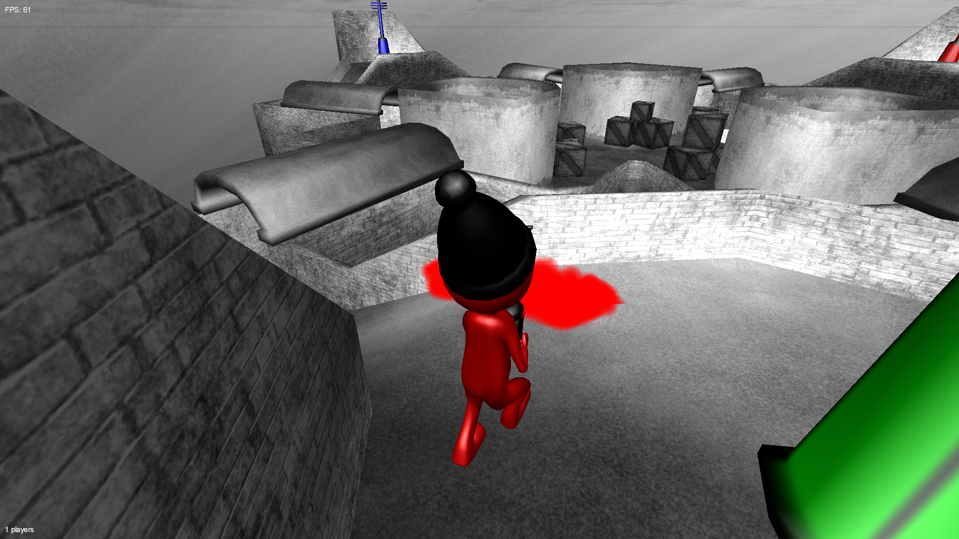 ColorFoool Screenshot - Ein rotes Männchen sprüht rote Farbe in einer grauen Spielwelt