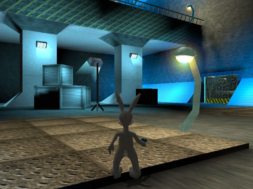 Eine Szene in einem Raumschiffhangar mit Lampen und Metallplatten, die Spielfigur ist ein Kaninchen