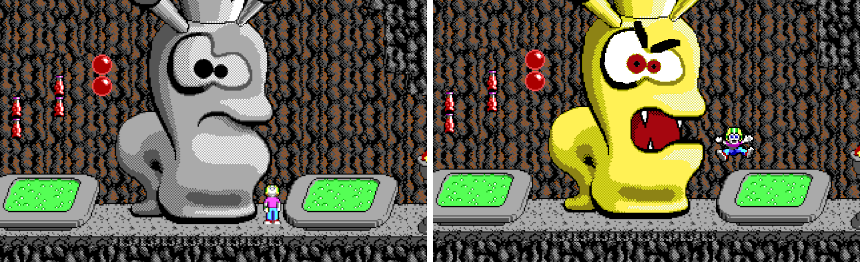 Die Schneckenstatue aus Commander Keen 4: Secret of the Oracle. Links als Statue (wie im Spiel) und rechts ist die Schnecke zum Leben erwacht und Commander Keen stirbt.