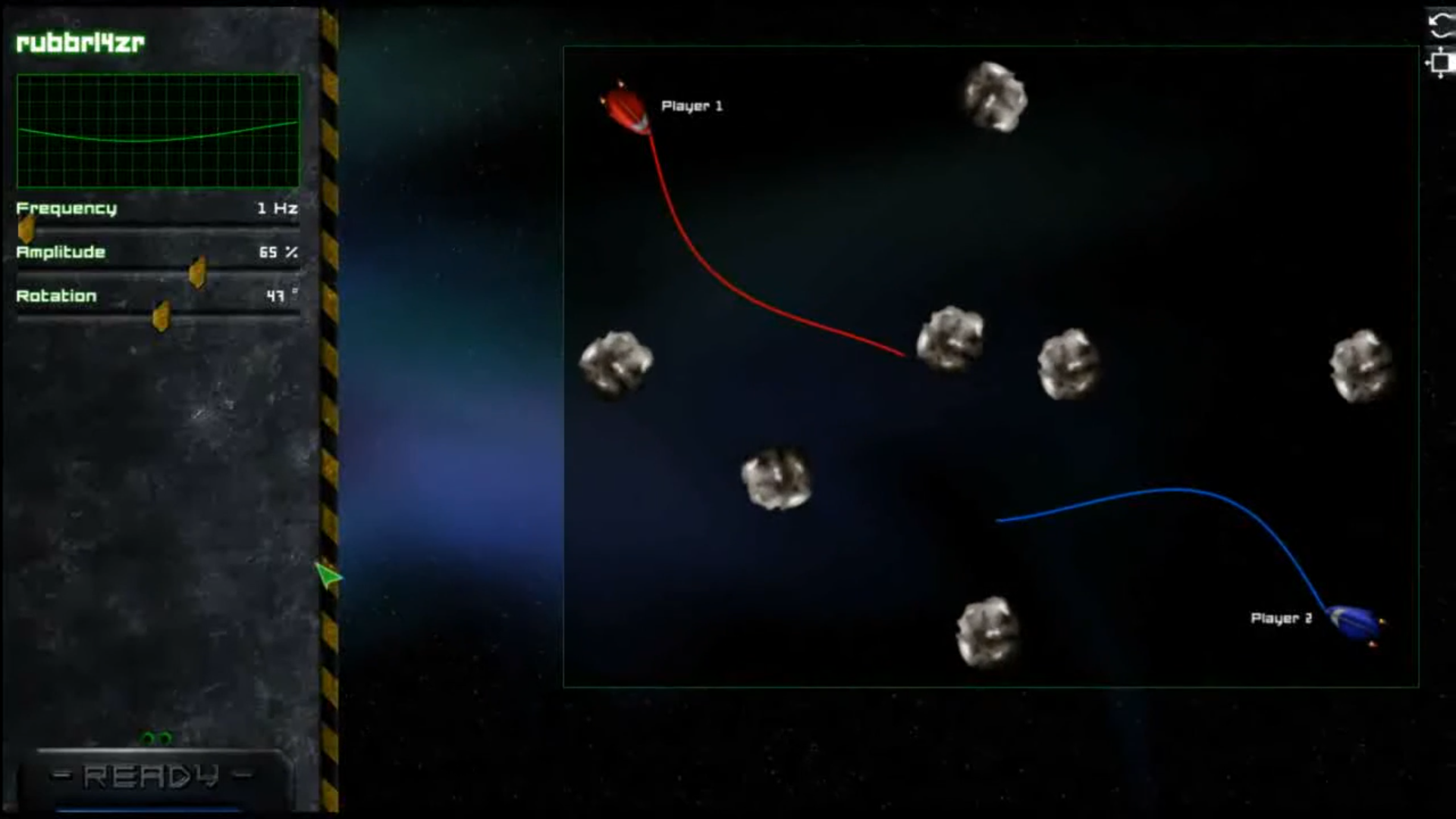 Rubberlaser Screenshot - zwei Raumschiffe in einer 2D-Top-Down-Ansicht, die sich gegenseitig mit sinuswellenförmigen Laserstrahlen beschießen